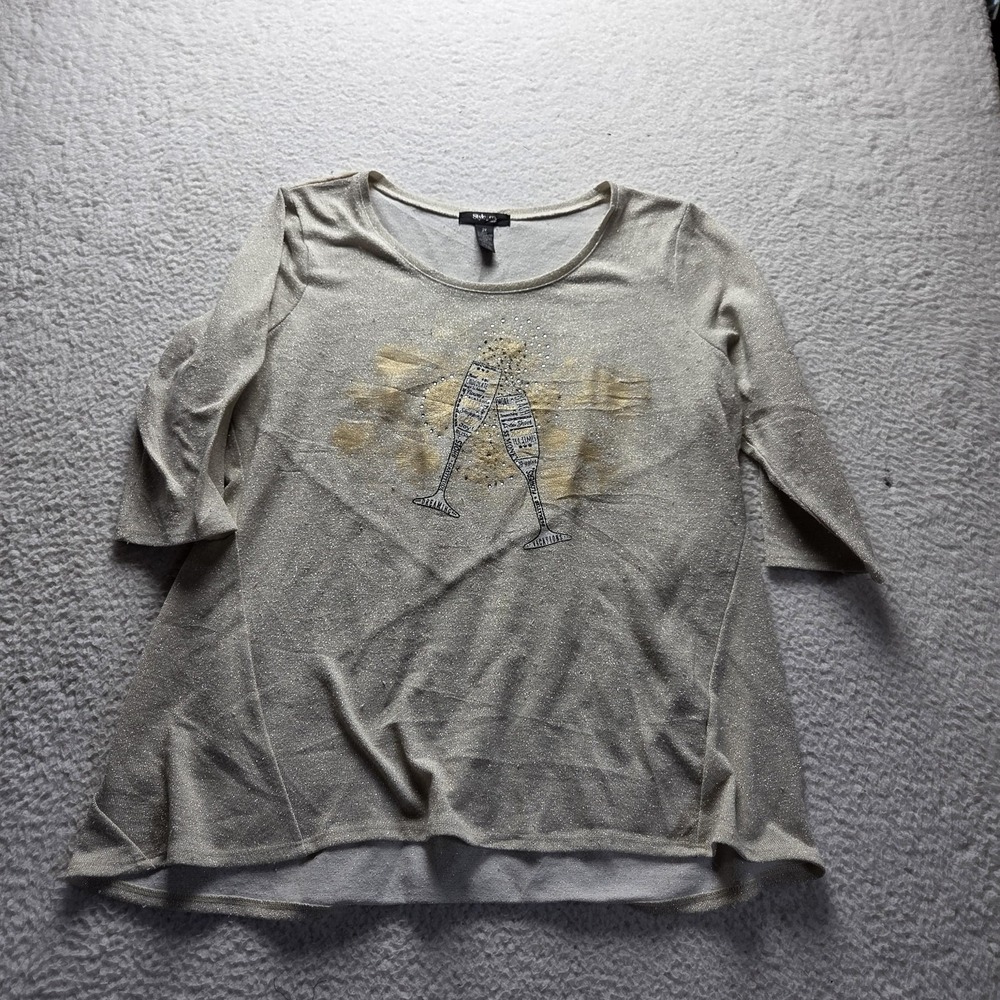 Style&co. Blouse Womens Plus 2X Gold Scoop Neck 3/4 Sleeve Glitter Graphic Top